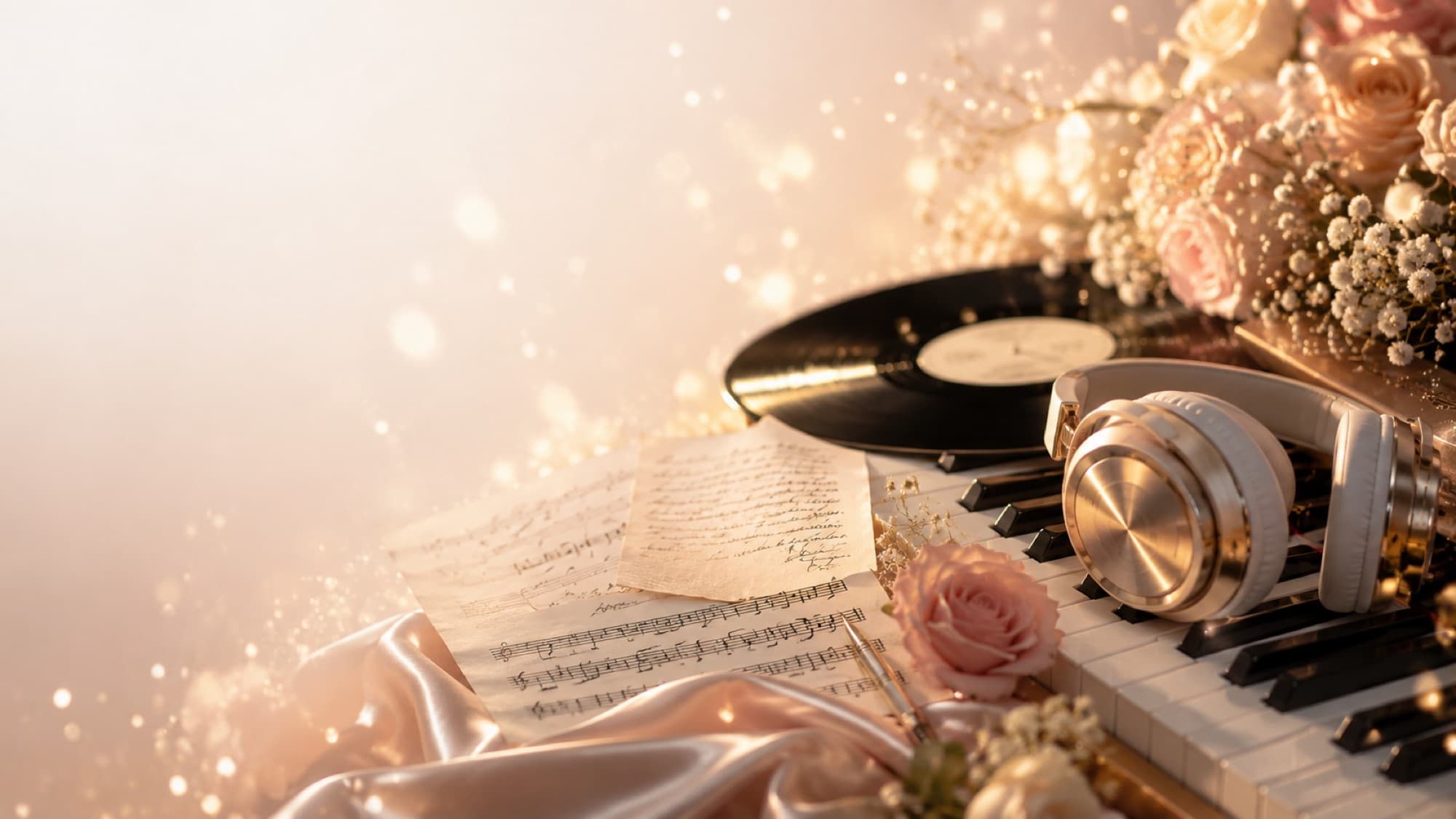 Handwritten sheet music, headphones, and roses arranged on a piano, representing the making of a custom song