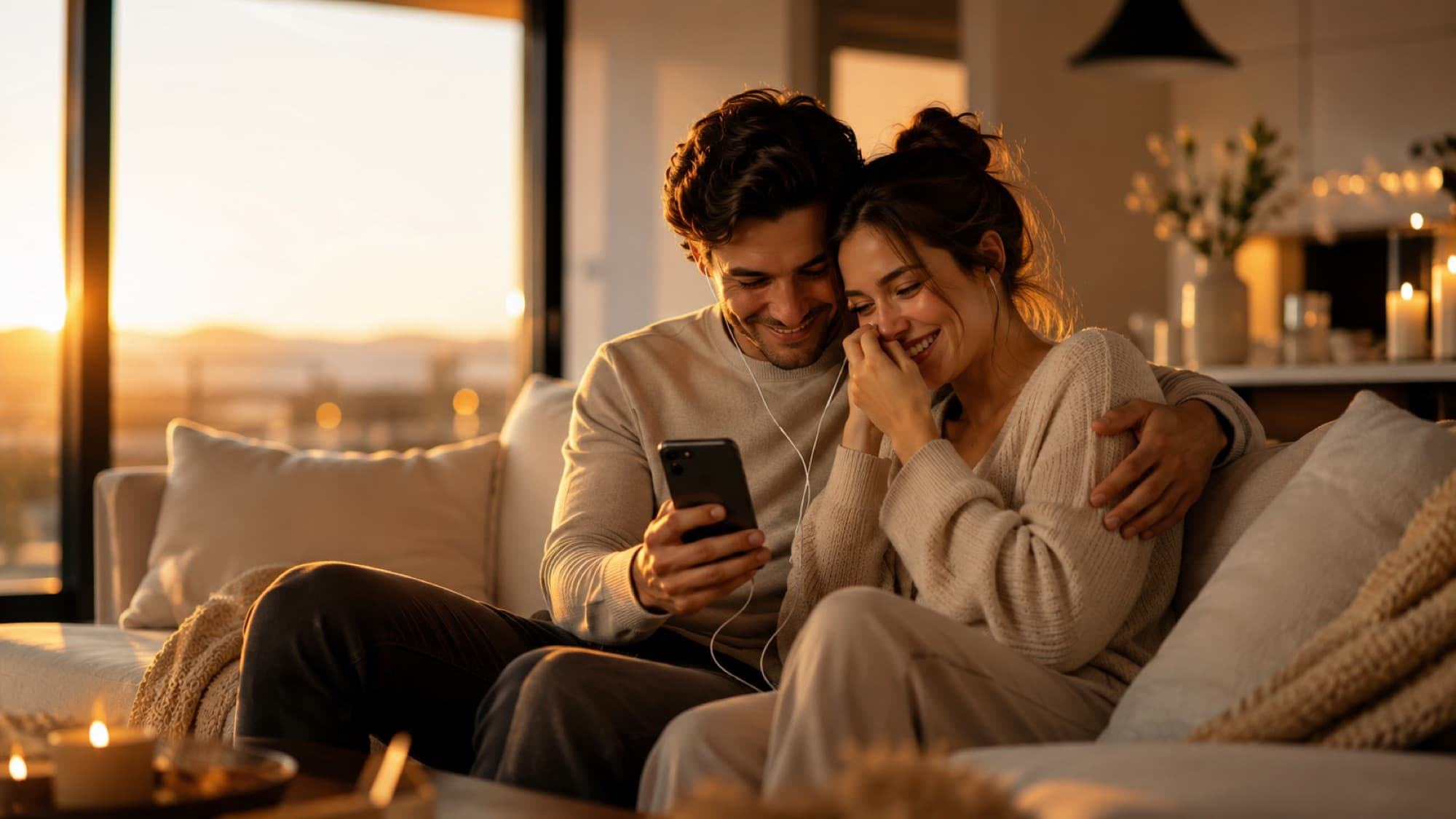 A couple listening together to their custom song on a phone, sharing an emotional moment at golden hour