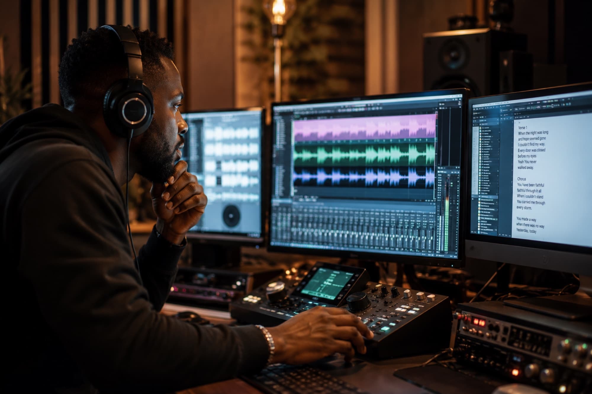 A producer in the studio mixing an original song, with lyrics and waveforms on screen